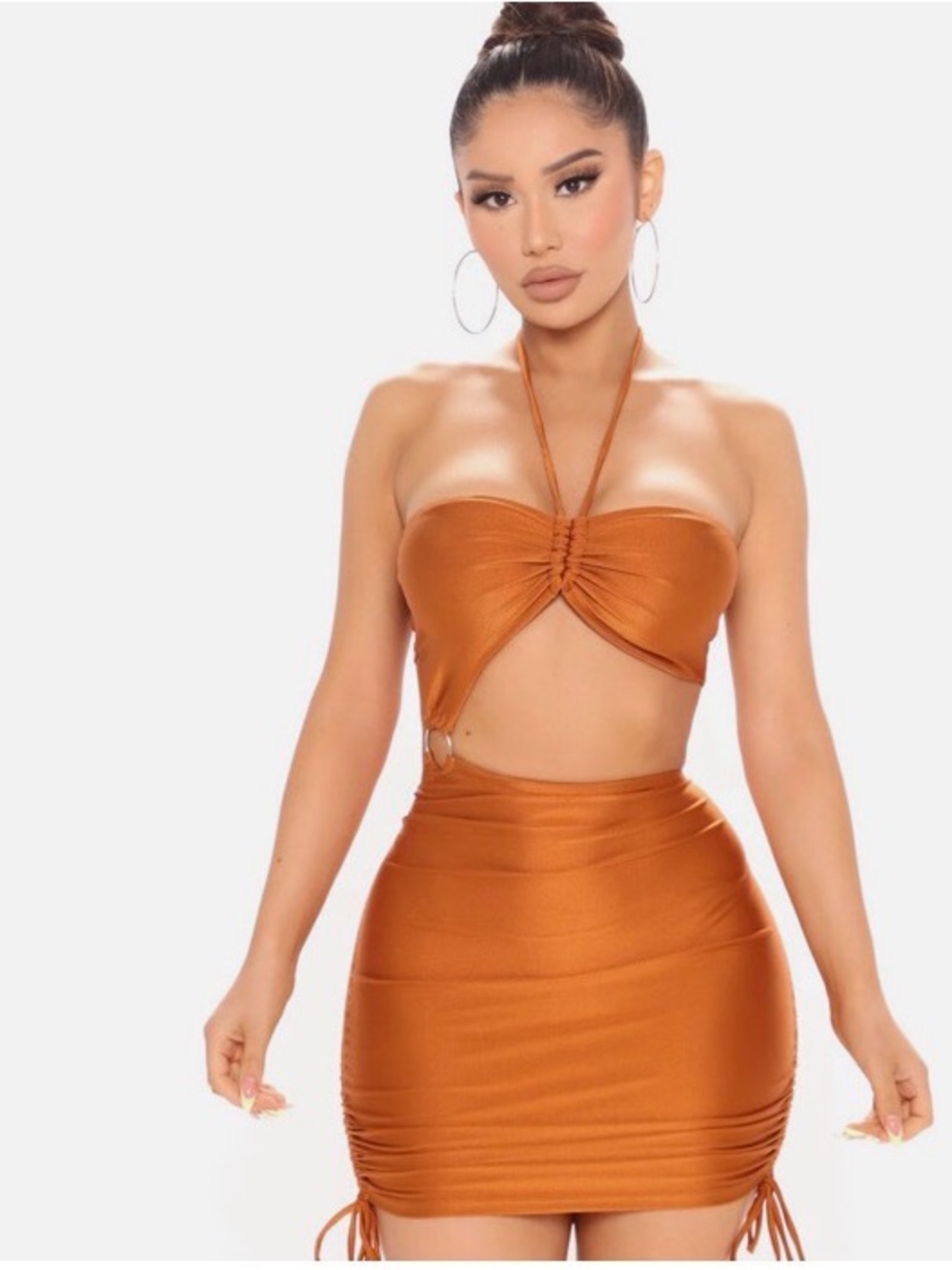 Fashion Nova Copper Orange Ruched Mini Skirt